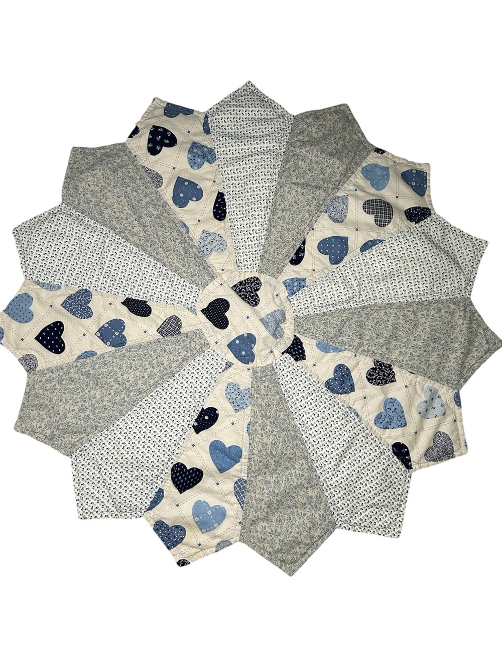 Handmade Circle Quilted Table Top Cover Decor Blue White VTG Heart Patchwork